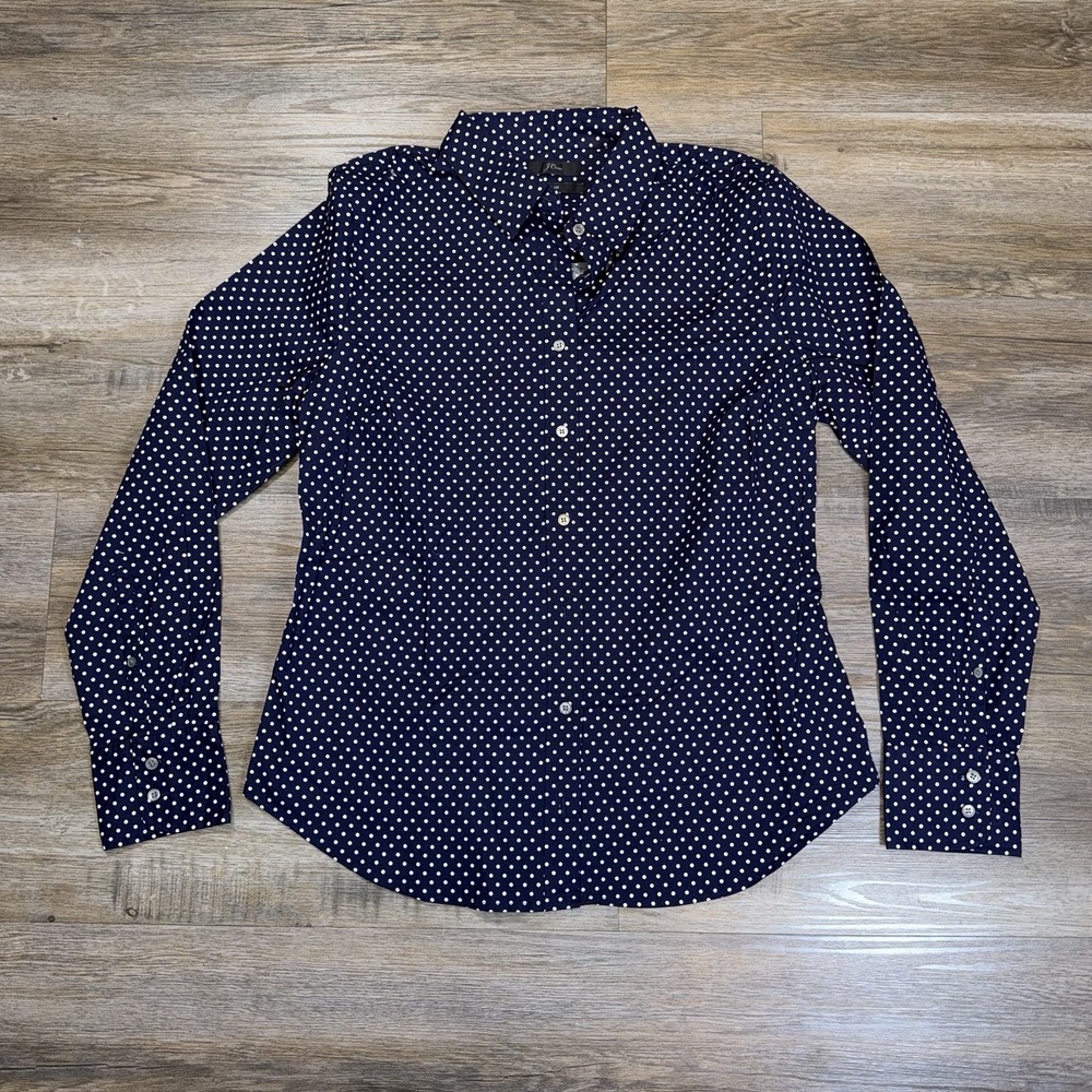 J. Crew Navy Blue Long-Sleeve Button-Down Slim Shirt Womens 10 w/Polka Dot